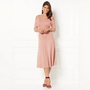 NY&C Eva Mendes Metallic Rose Gold Cold Shoulder Shimmer Knit Midi Dress Size 1X